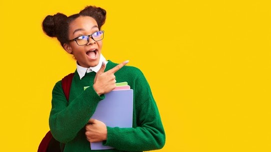 School Girl Pointing at YESS Logo